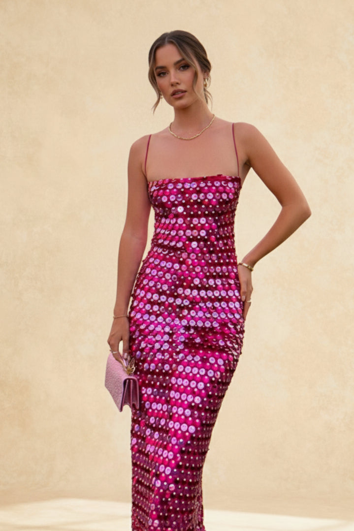 Sequin Spaghetti Strap Straight Neck Bodycon Maxi Dress