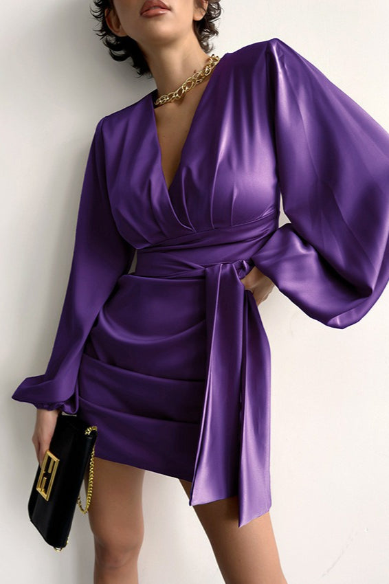 Satin Deep V-Neck Bishop Sleeve Ruched Wrap Cocktail Mini Dress - View 3