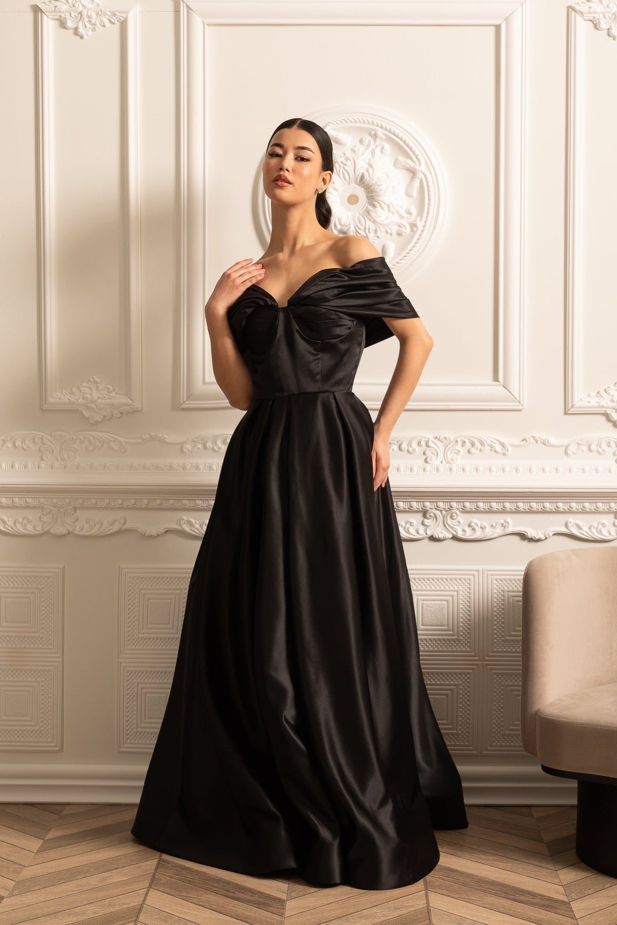 Satin Off Shoulder Sweetheart Twist Bodice Pleated Ball Gown - View 2