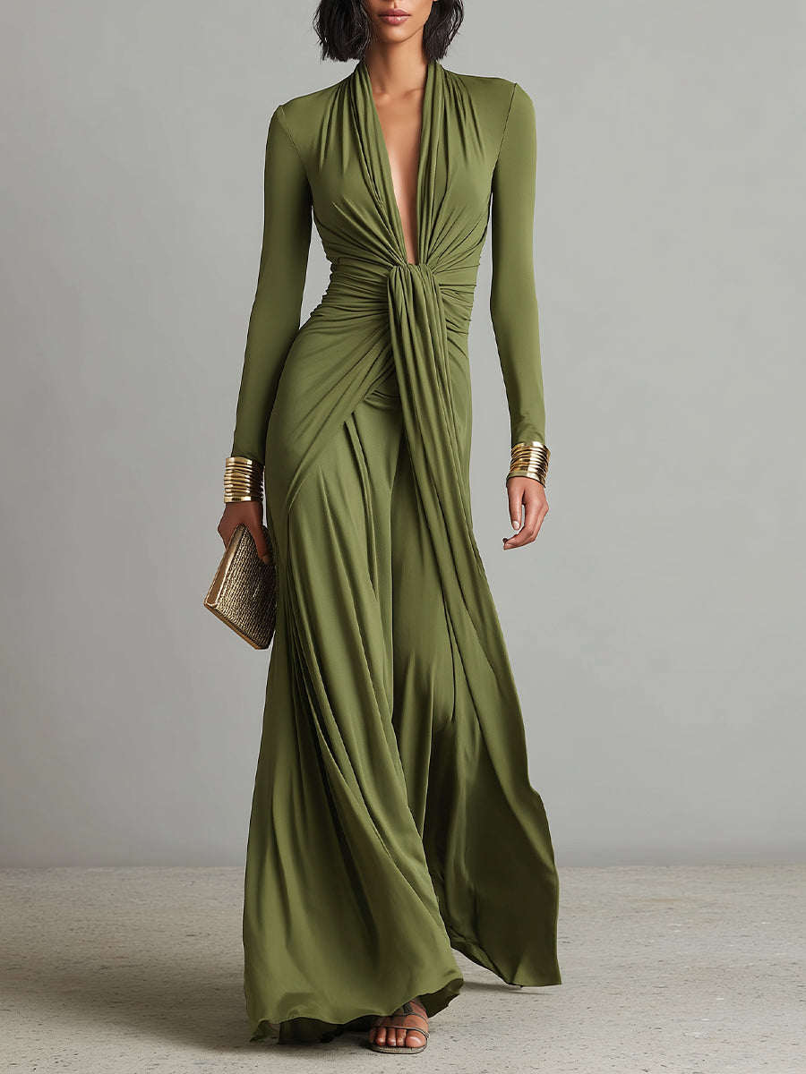 Deep V-Neck Long Sleeve Twist Front Maxi Dress