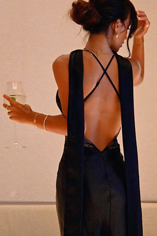 Satin Choker Neck Lace Trim Backless Slip Maxi Dress - View 3