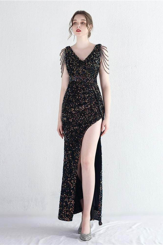 Sequin V-Neck Beaded Fringe High Split Mermaid Gown - View 2