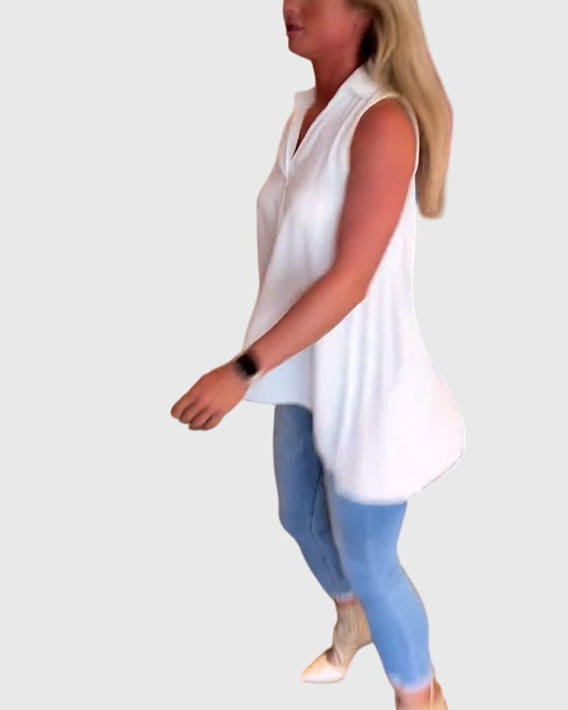 Collared Sleeveless High Low Blouse 2