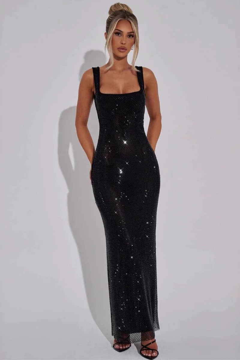 Rhinestone Mesh Square Neck Bodycon Maxi Dress - View 7