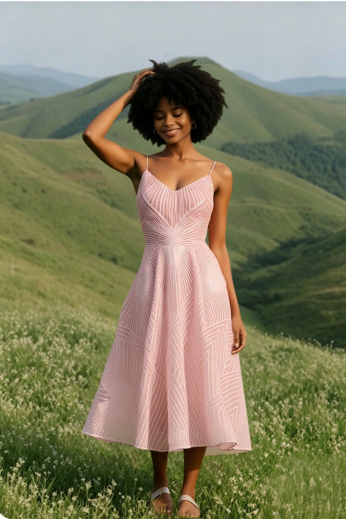 Glitter Spaghetti Strap V-Neck Fit and Flare Midi Dress - View 4