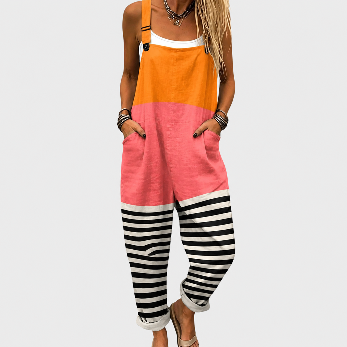Sleeveless Colorblock Striped Pocket Overall Jumpsuit