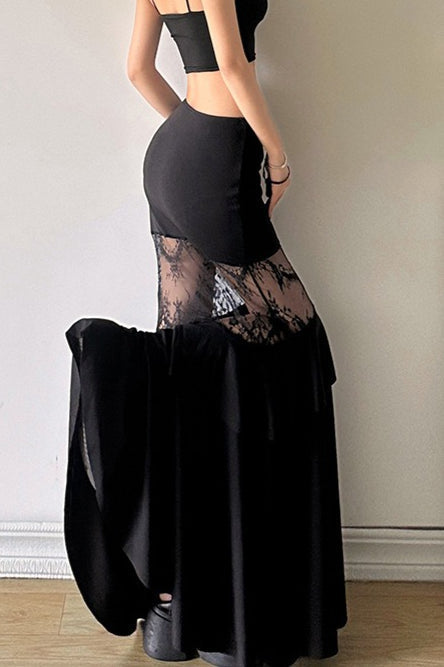Black Lace Panel Tiered Maxi Skirt