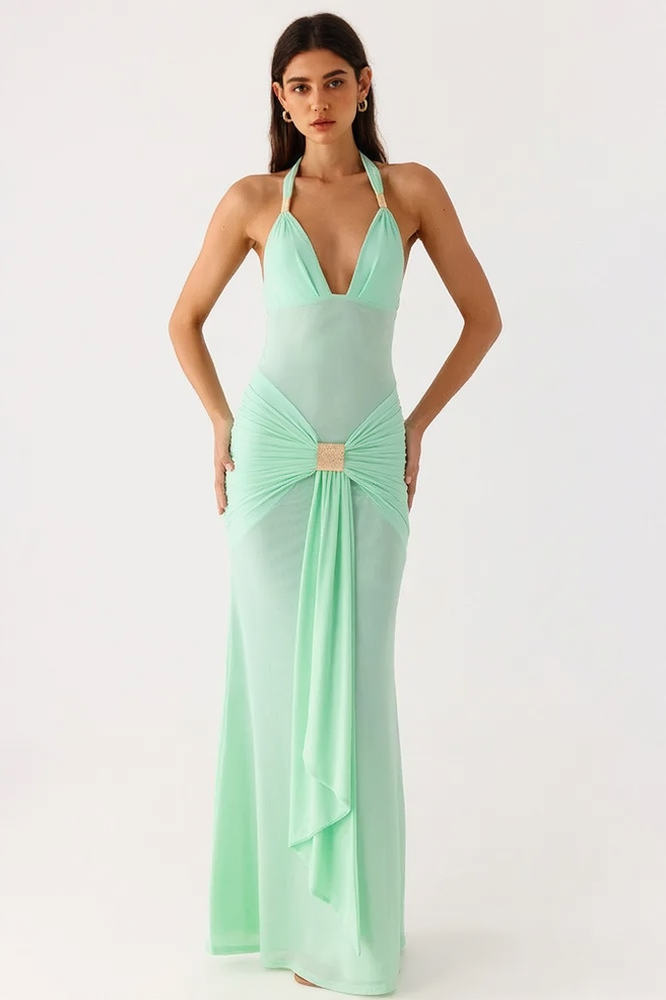 Deep V-Neck Halter Neck Backless Sash Bodycon Maxi Dress - View 11