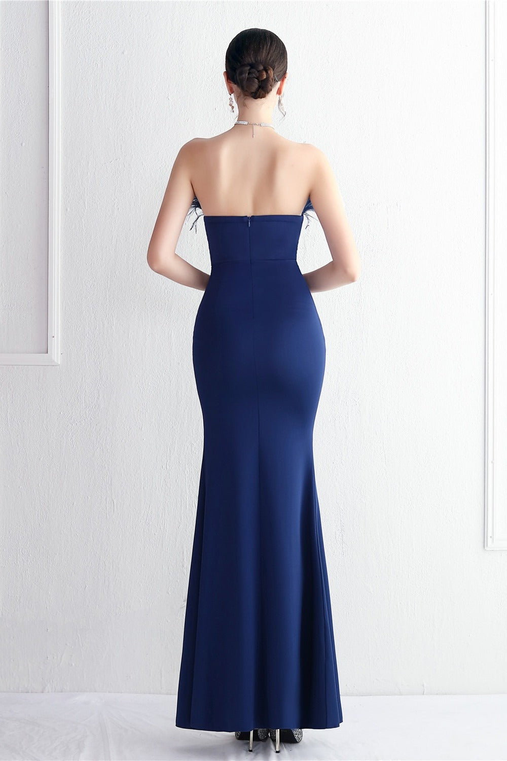 Feather Trim Strapless High Split Mermaid Gown - View 18