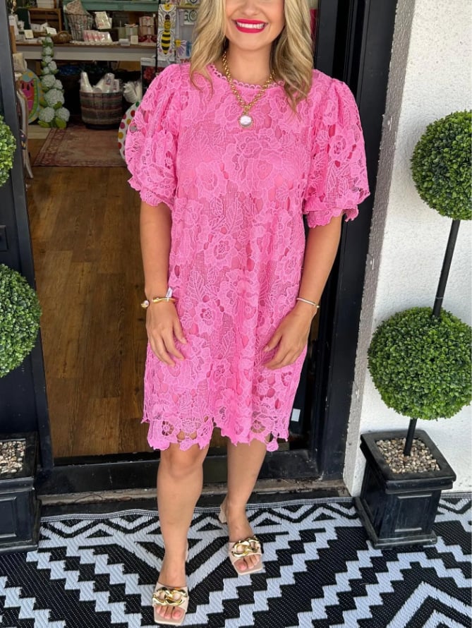 Floral Lace Round Neck Puff Sleeve Tiered Ruffle Shift Mini Dress - View 3