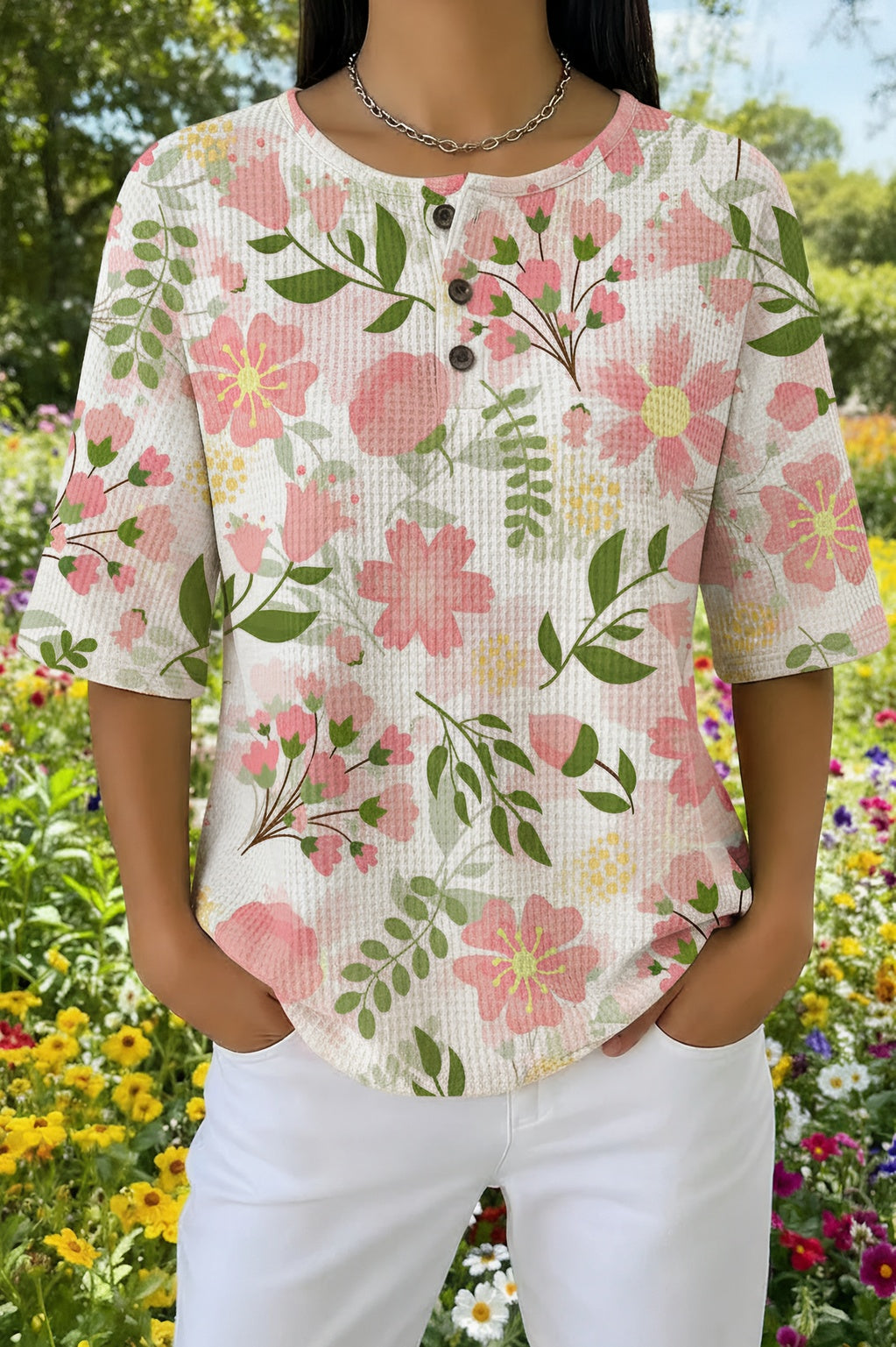 Floral Print Button Henley Waffle Knit Top