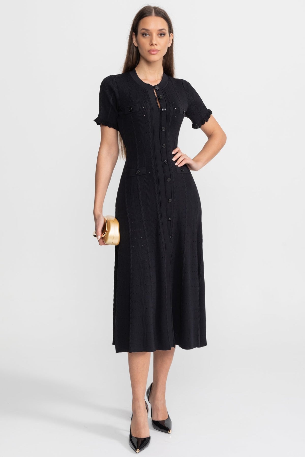 Knit Button-Front Midi Dress with Scalloped Sleeves – Black - View 2