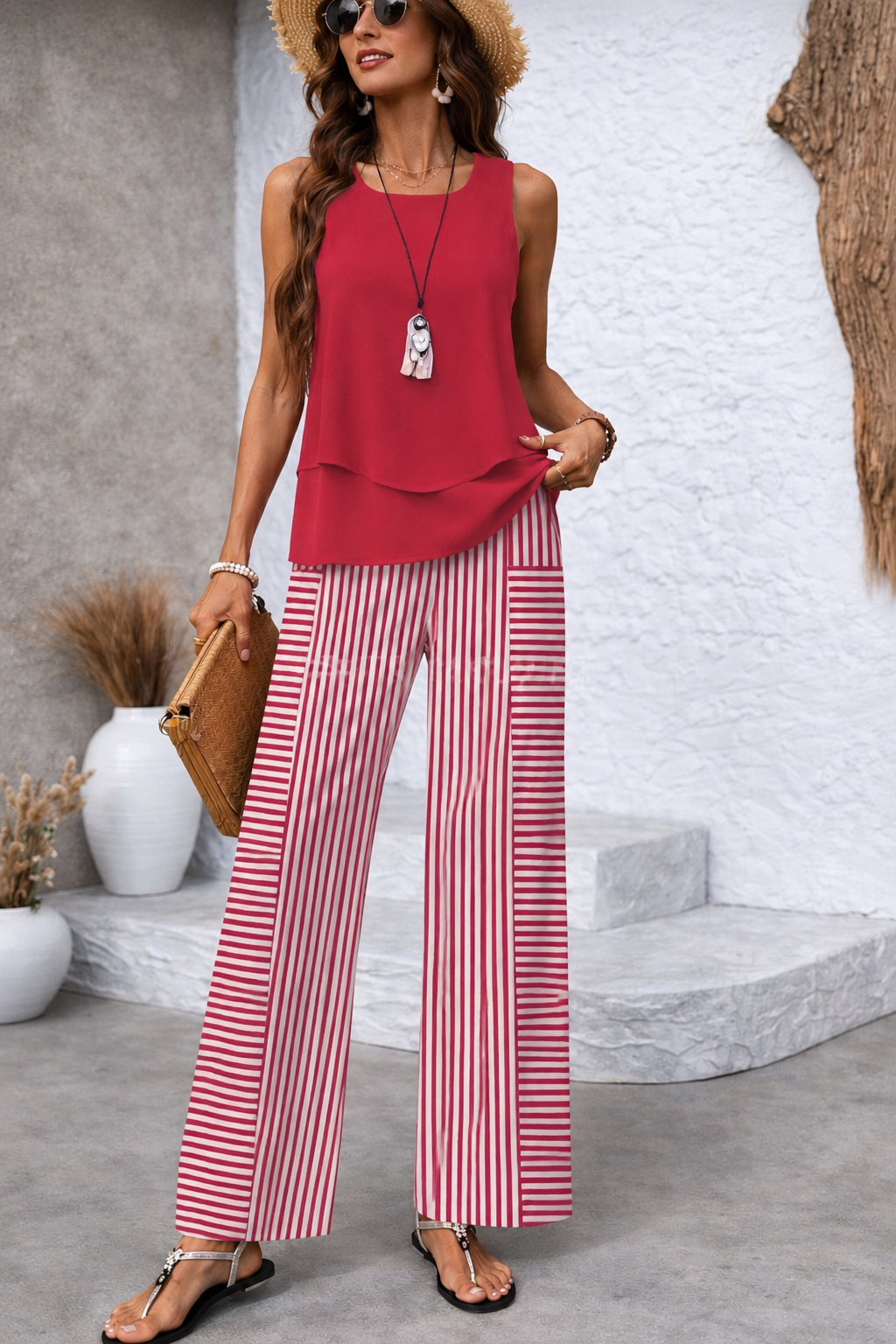 Sleeveless Layered Top and Striped Wide Leg Pants Two Piece Set