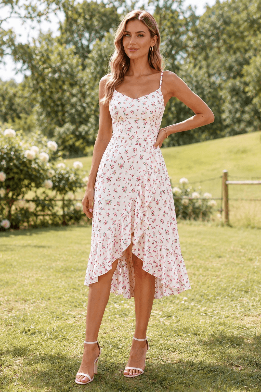 Floral Spaghetti Strap V-Neck Wrap Ruffle High Low Midi Dress 5
