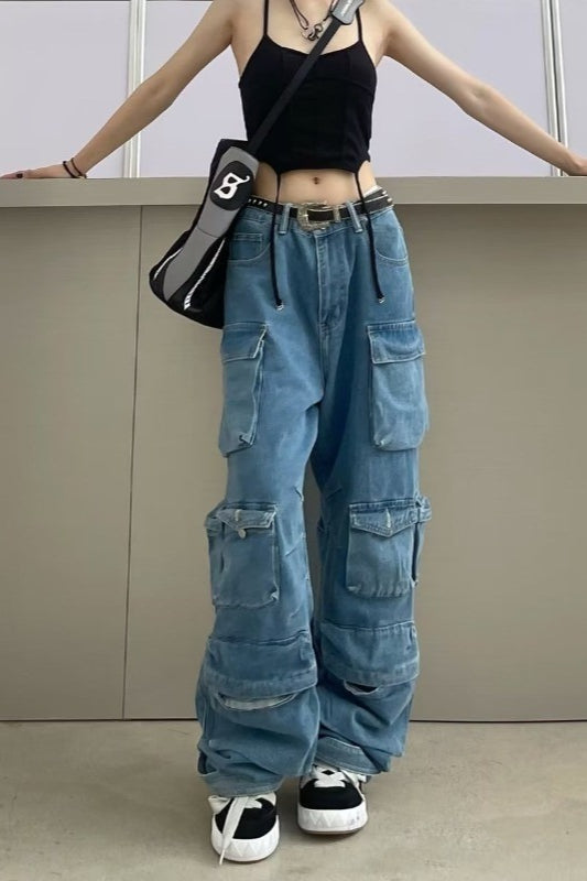 Washed Gray Patchwork Multi-Pocket Cargo Wide Leg Pants