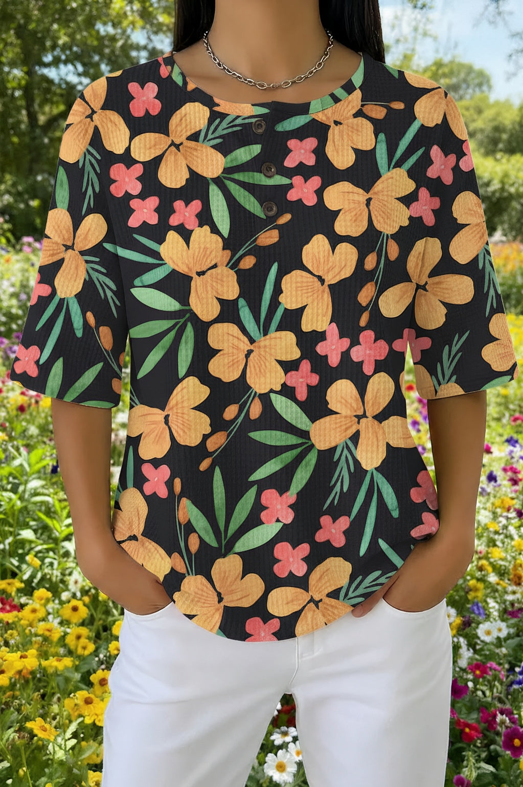 Floral Print Button Henley Waffle Knit Top