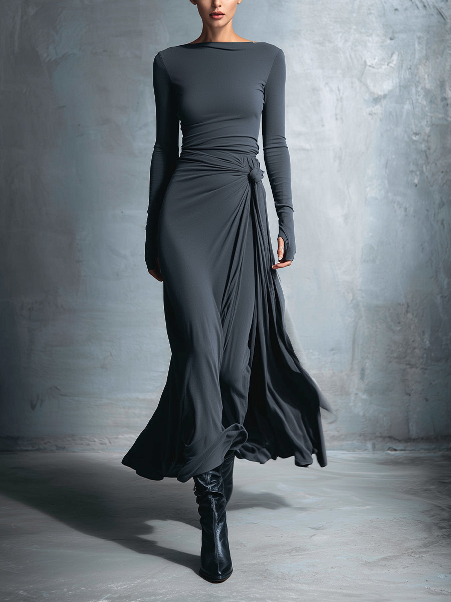 Boat Neck Long Sleeve Ruched Twist Maxi Dress
