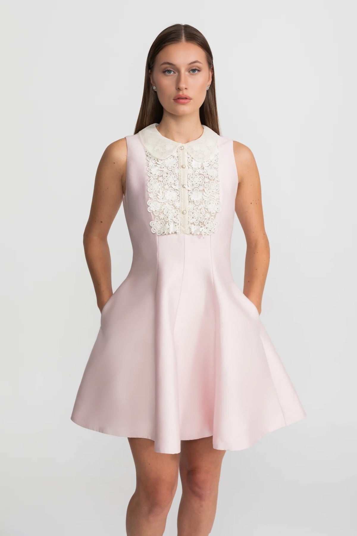 A-Line Mini Dress with Lace Bib – Blush Pink
