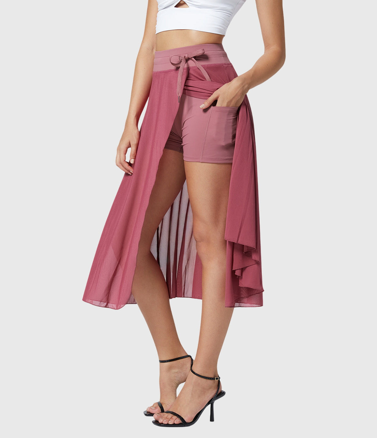 High Waist Drawstring Front Slit A-Line Midi Skirt 15