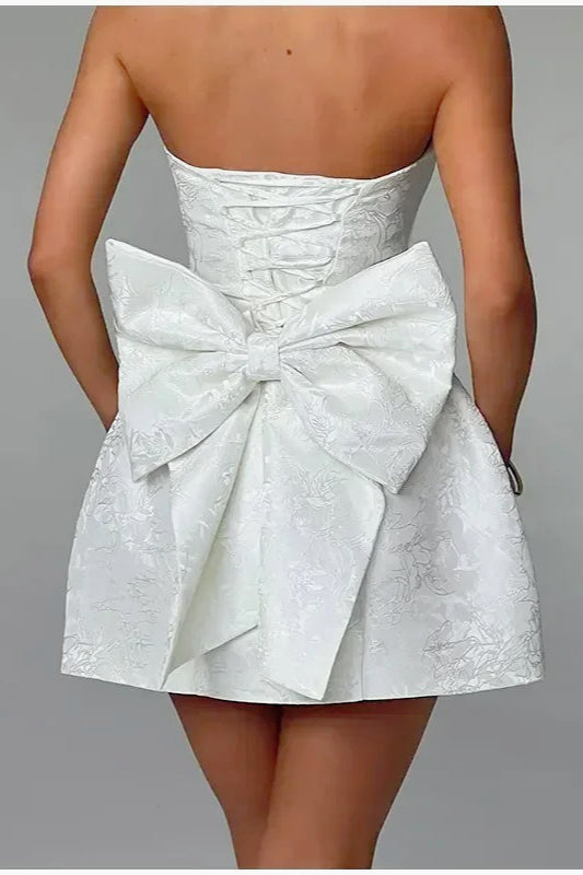 Jacquard Strapless Bow Back Fit and Flare Mini Dress in Pink - View 6