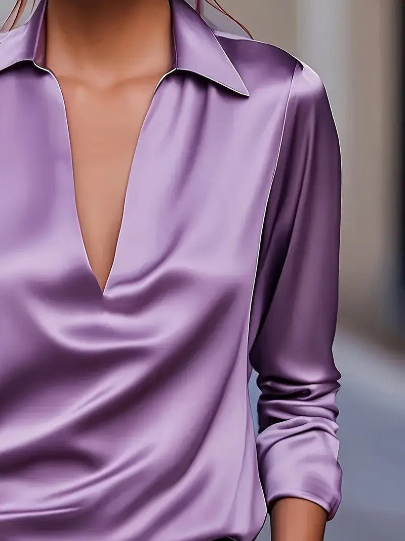 Collared Deep V-Neck Long Sleeve Satin Blouse 30
