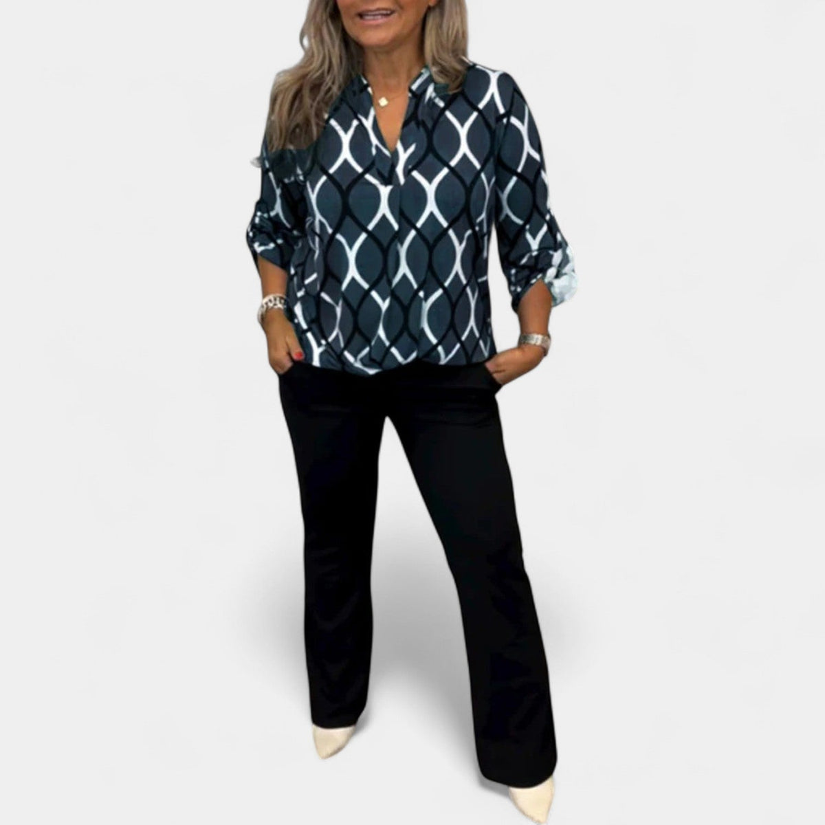 Geometric Print Collared Long Sleeve Blouse 7