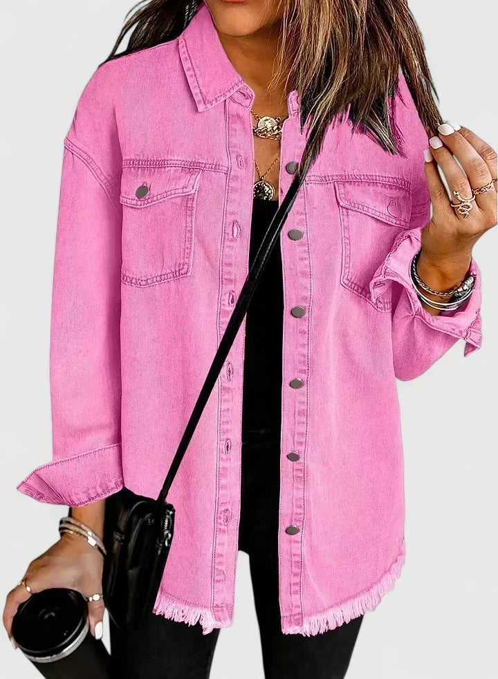 Button Front Frayed Hem Denim Shirt Jacket 5