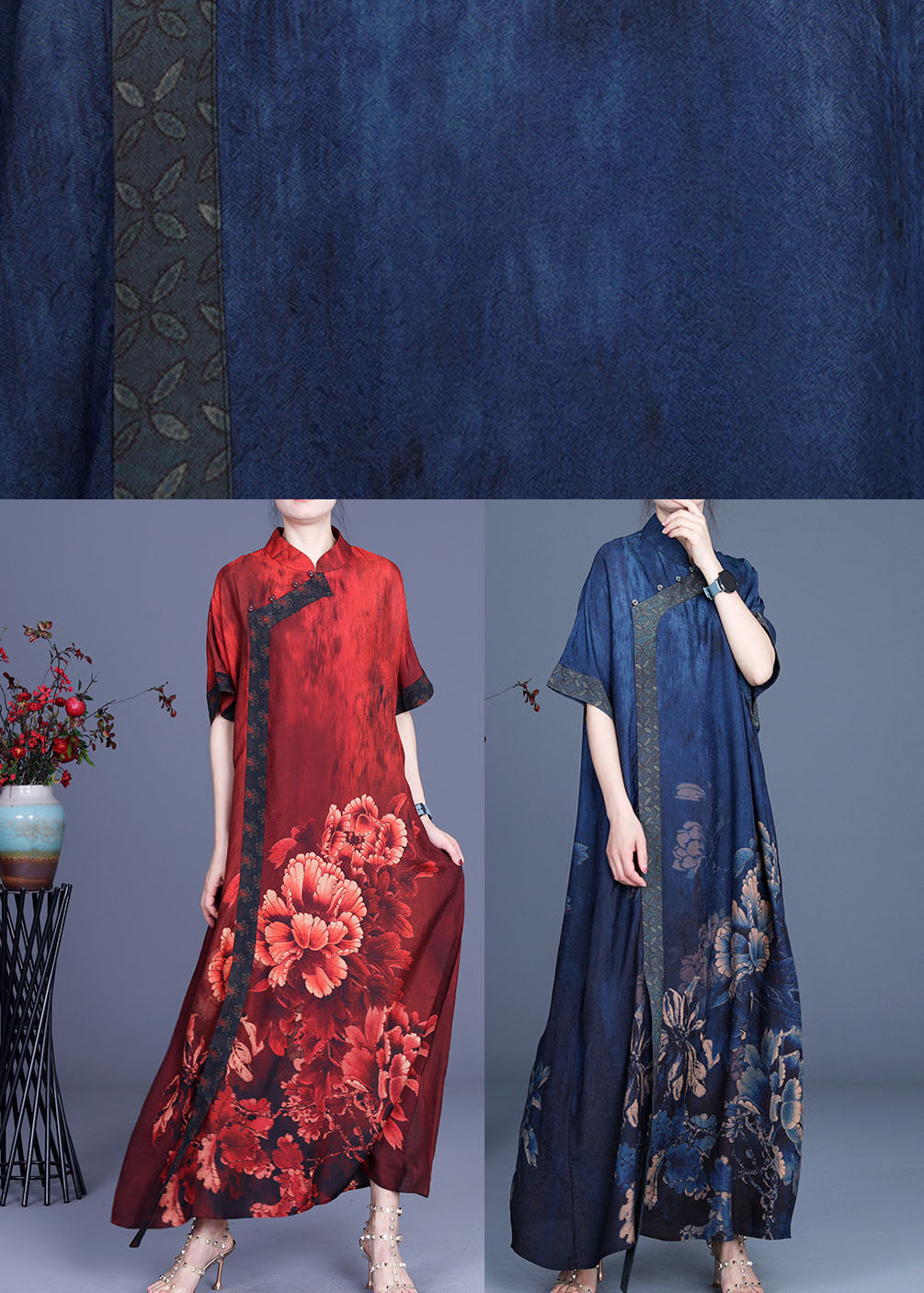 Floral Print Mandarin Collar Asymmetrical Button Short Sleeve Oversized Maxi Dress - View 5