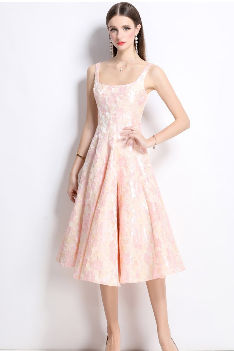 Floral Square Neck Fit and Flare Midi Dress - View 3