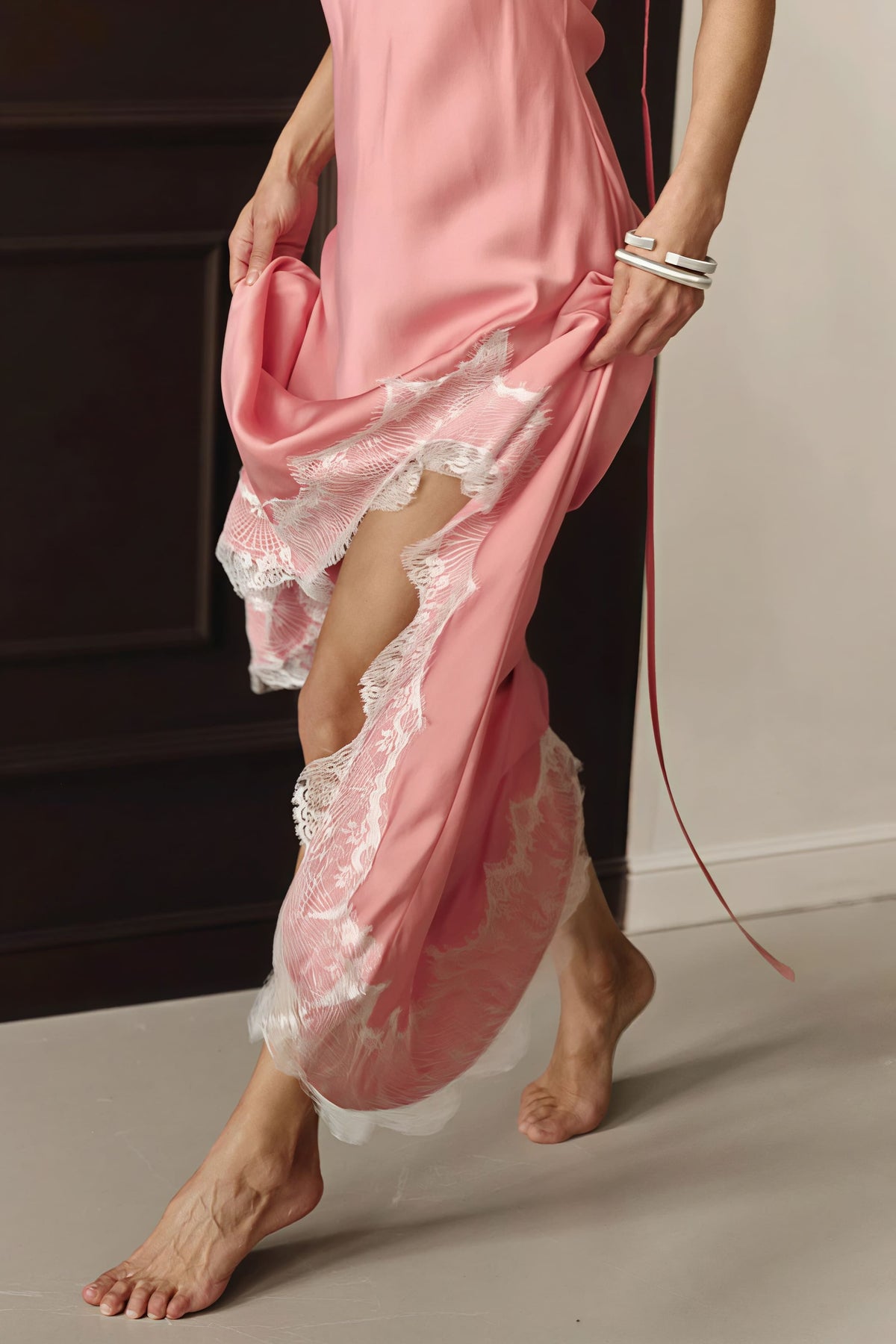 Satin Lace Trim Spaghetti Strap High Split Slip Maxi Dress 3