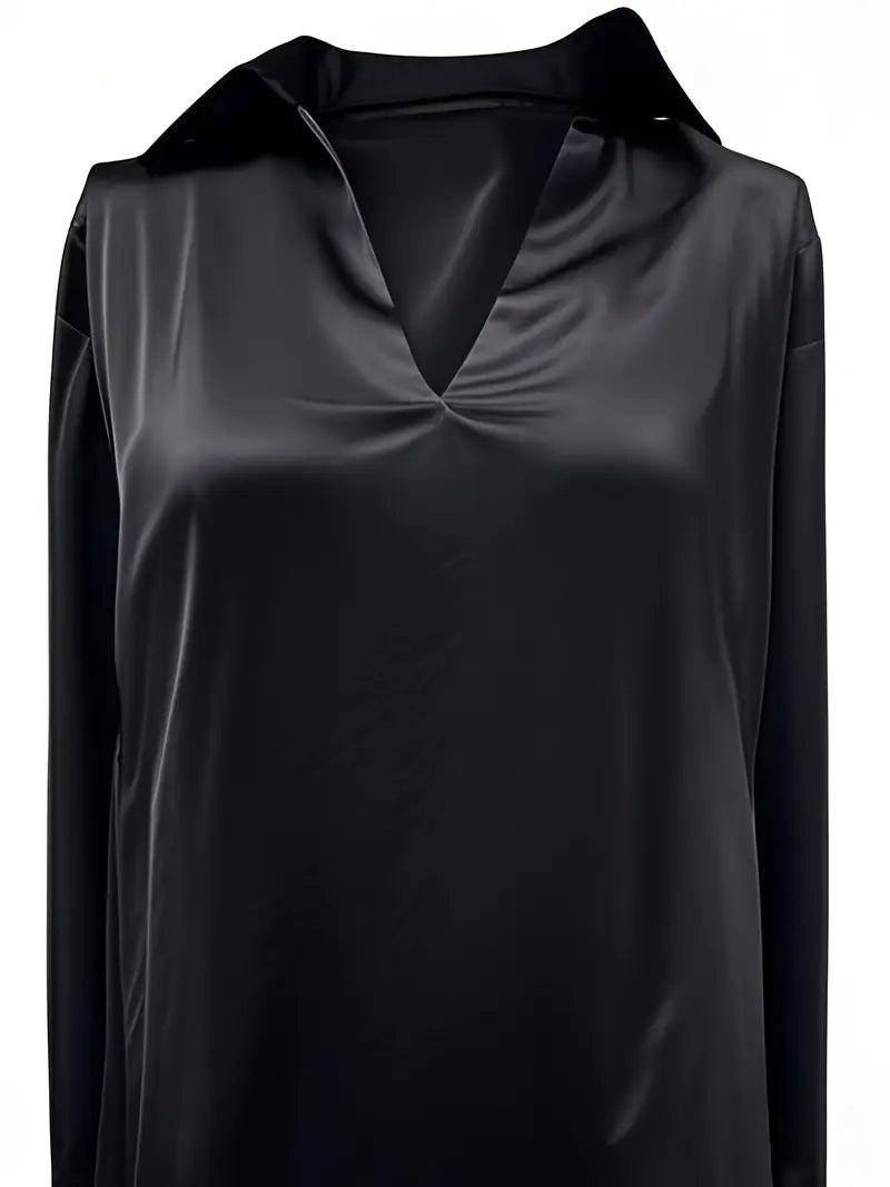 Collared Deep V-Neck Long Sleeve Satin Blouse 40