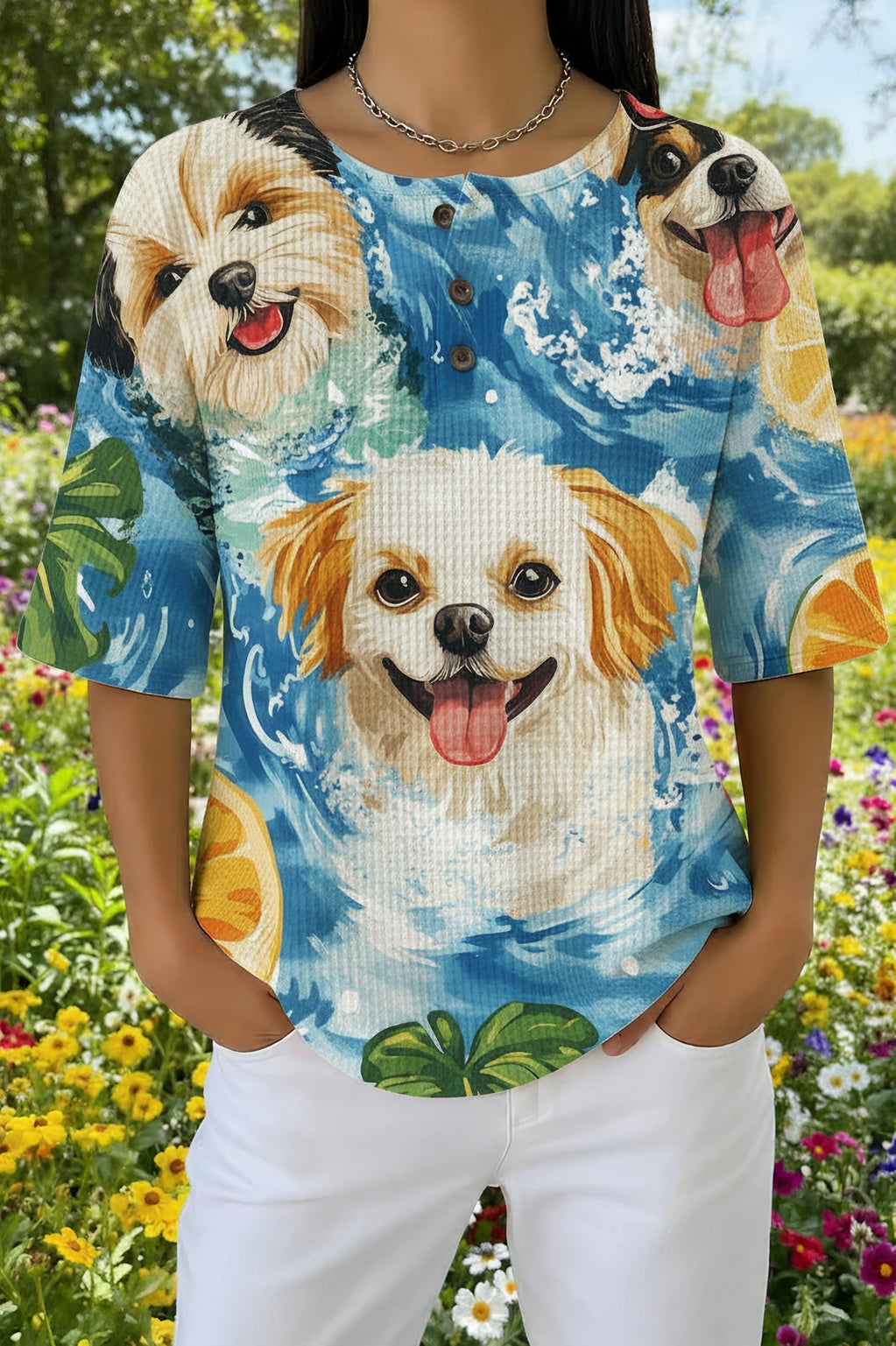 Puppy Print Button Placket Short Sleeve Waffle Top