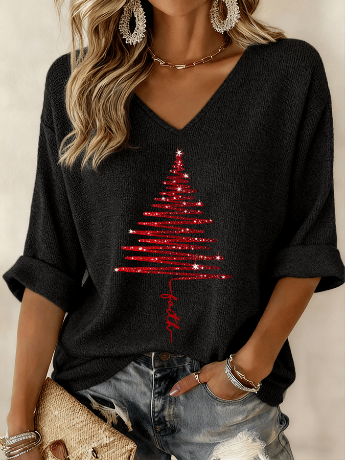 V-Neck Long Sleeve Christmas Tree Print Waffle Top 4