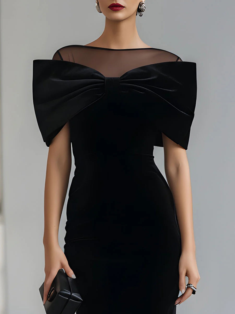 Velvet Mesh Neck Oversized Bow Bodycon Midi Dress 3