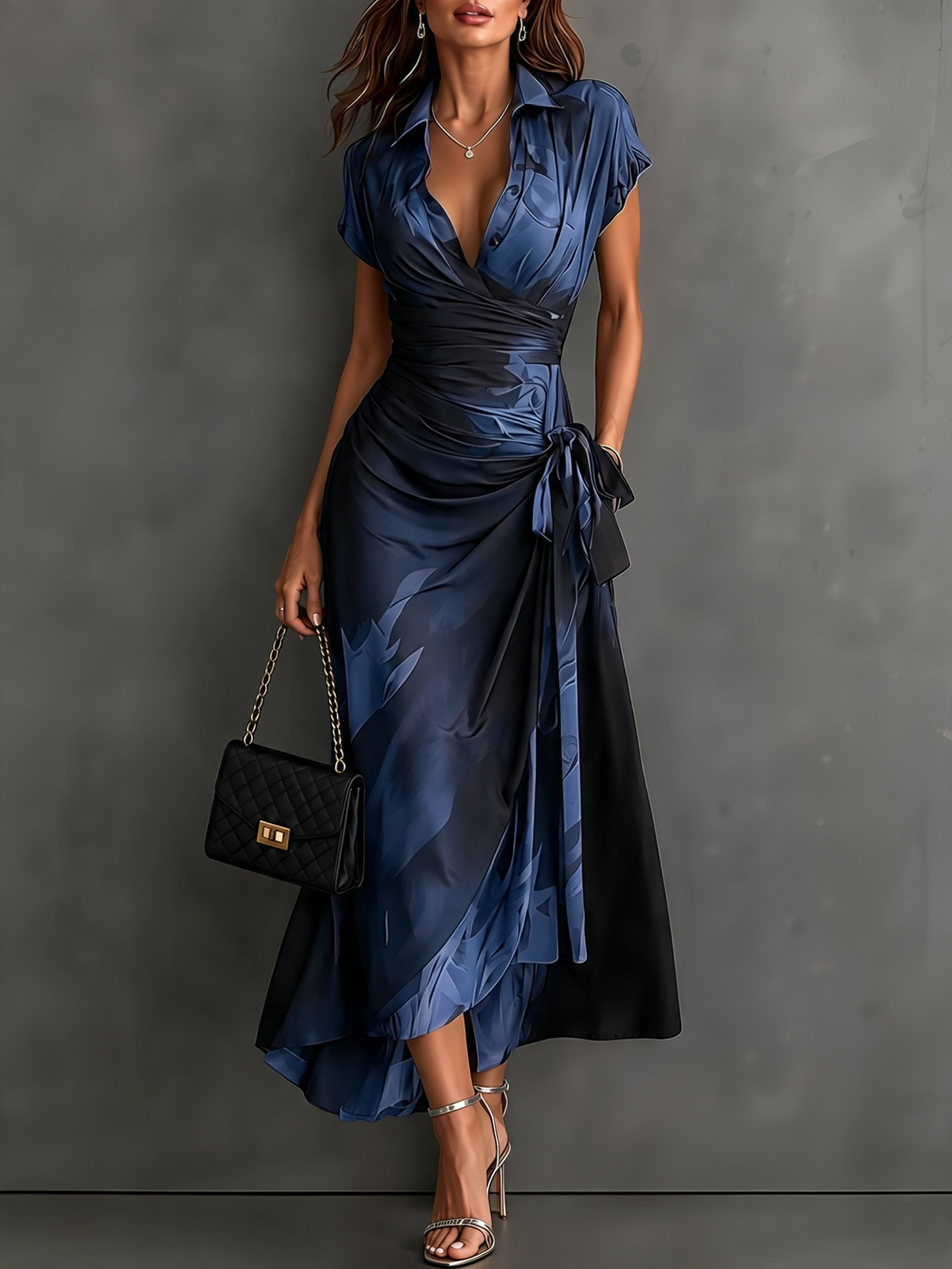 Abstract Print Collared Cap Sleeve Ruched Wrap Maxi Dress 5