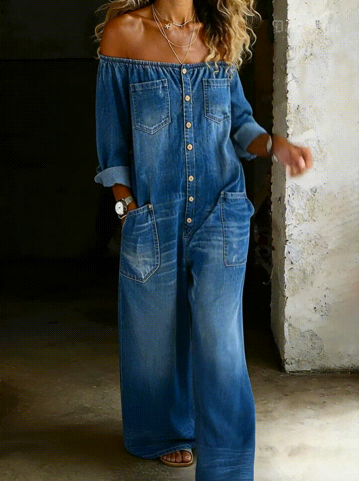 Off Shoulder Button Front Wide Leg Denim Jumpsuit 4