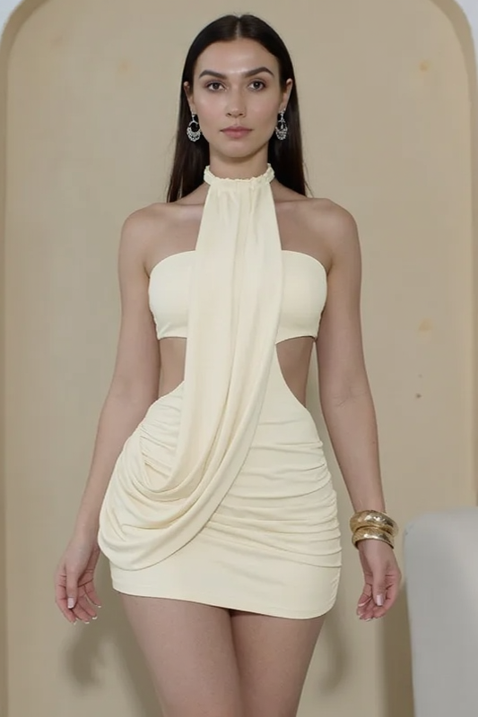 Halter Cut Out Waist Draped Ruched Bodycon Mini Dress - View 4