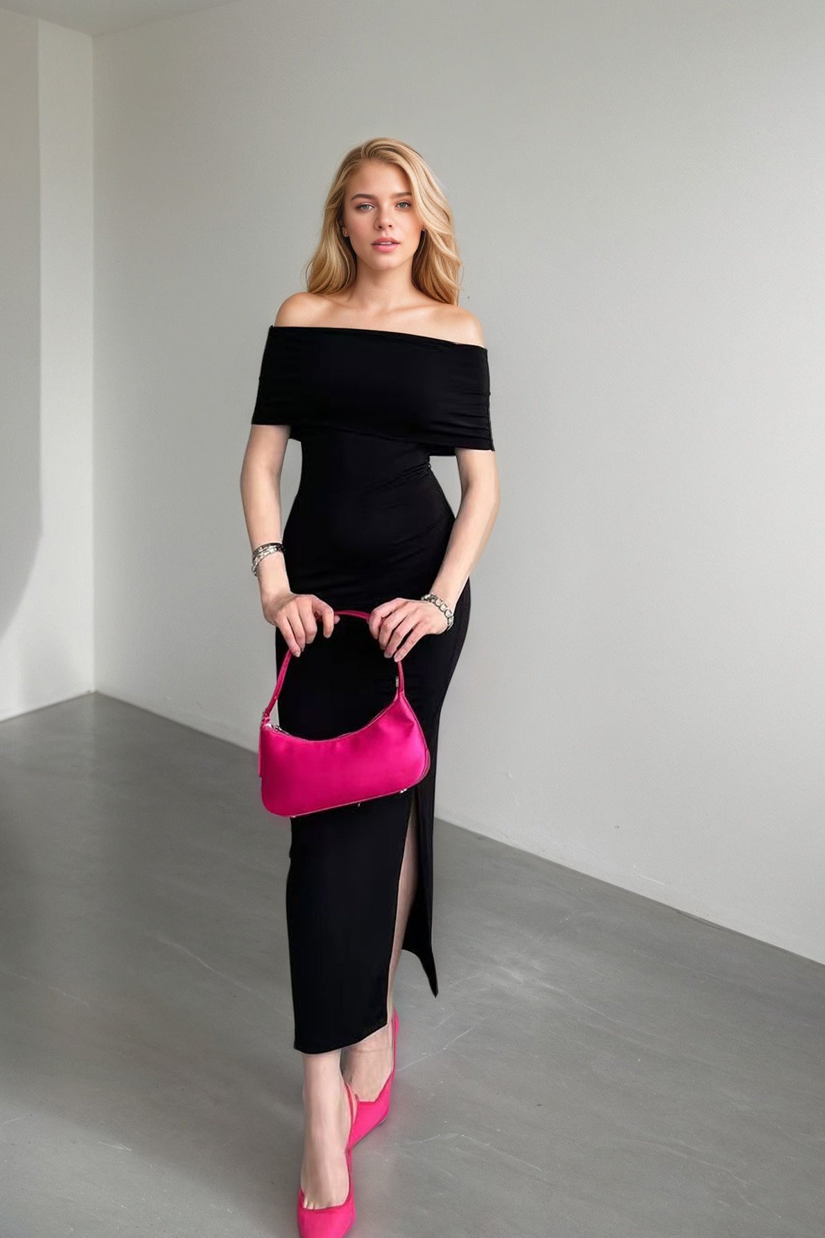 Off Shoulder Short Sleeve Ruched High Split Midi Dress - View 4