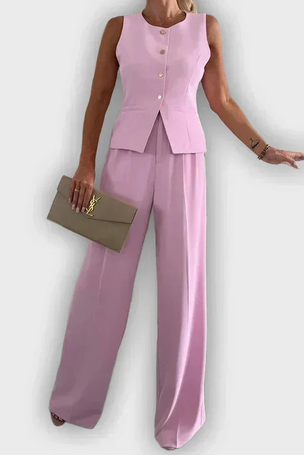 Sleeveless Button Vest and Wide Leg Pants Two Piece Set 5