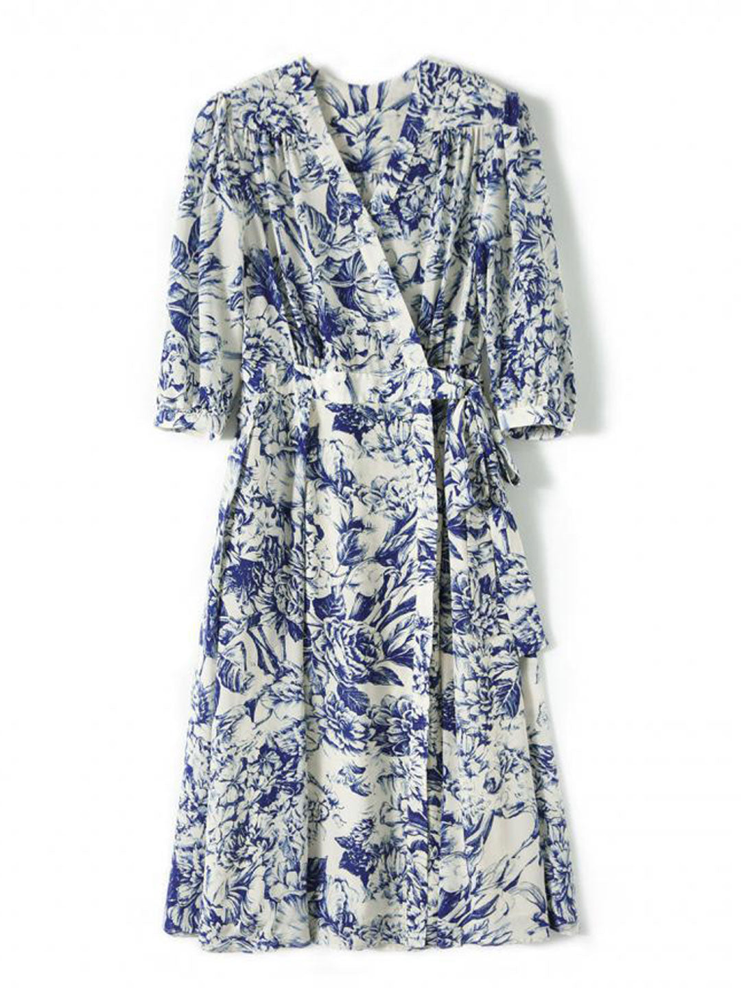 Toile Floral Print Wrap V-Neck Puff Sleeve Tie Waist A-Line Midi Dress - View 5