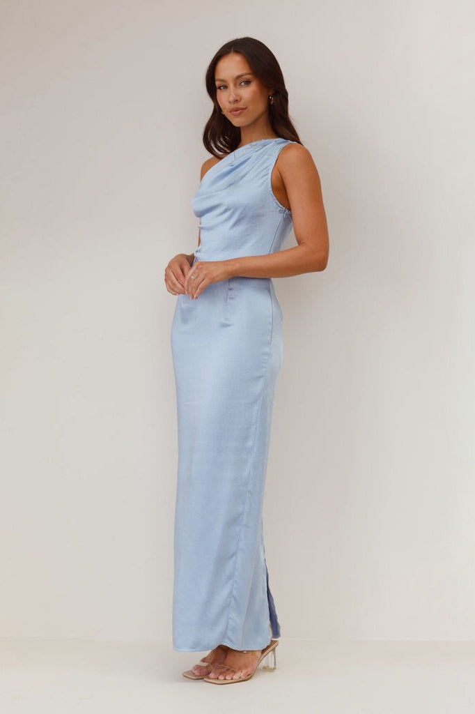Satin One Shoulder Draped Column Maxi Dress - View 14