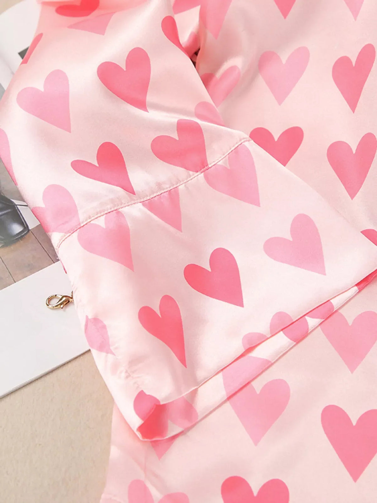 Heart Print Button Up Top and Pants Lounge Set