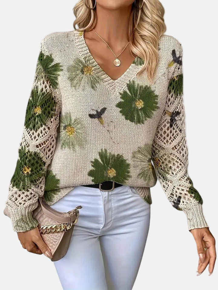 Floral V-Neck Long Sleeve Crochet Sleeve Knit Sweater 3