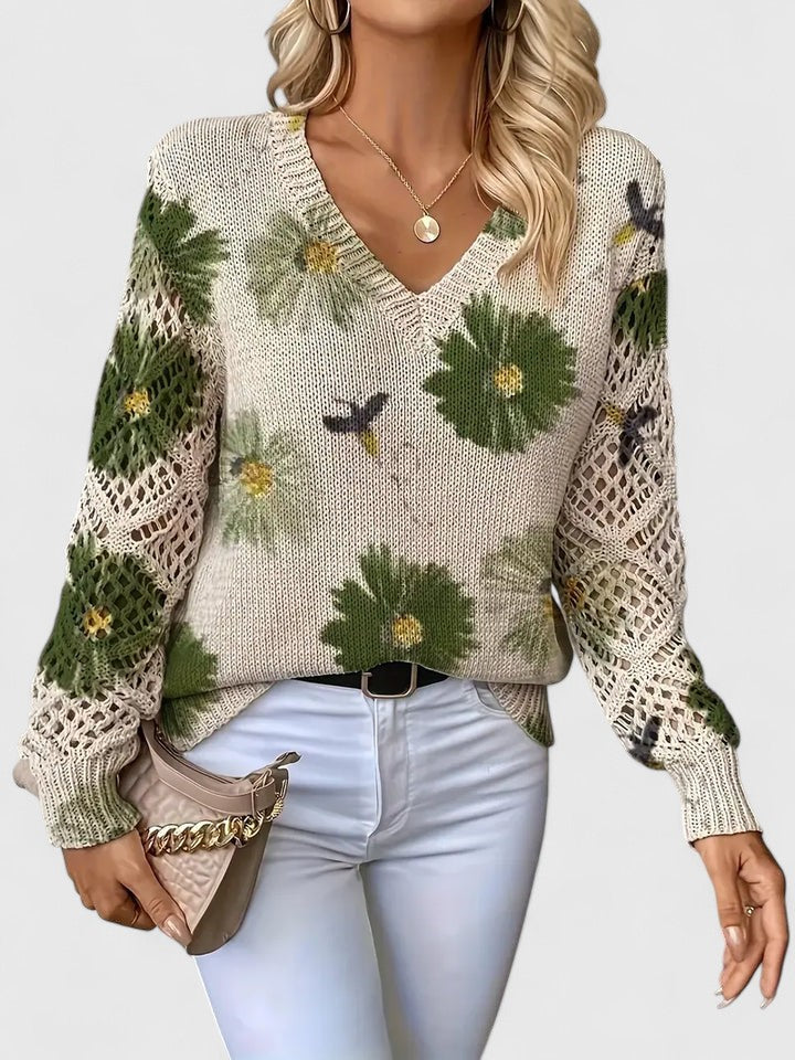 V-Neck Crochet Lace Sleeve Floral Print Long Sleeve Knit Sweater 7