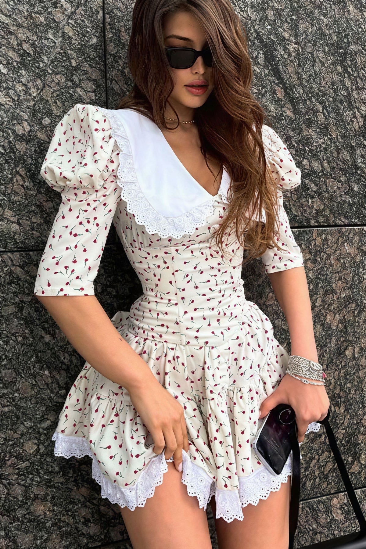 Floral Peter Pan Collar Short Sleeve Tiered Lace Trim Mini Dress 6