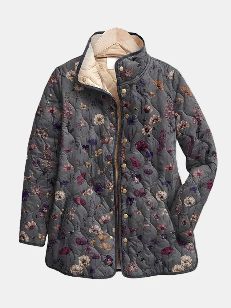 Floral Quilted Stand Collar Snap Button Jacket