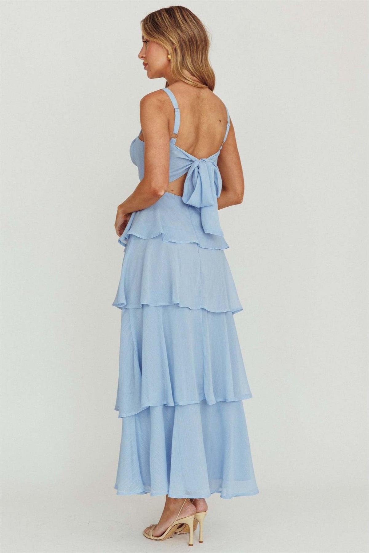 Spaghetti Strap Tiered Ruffle Backless Chiffon Maxi Dress - View 8