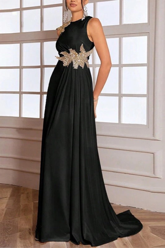 Round Neck Sleeveless Floral Applique High Split Maxi Formal Gown - View 2