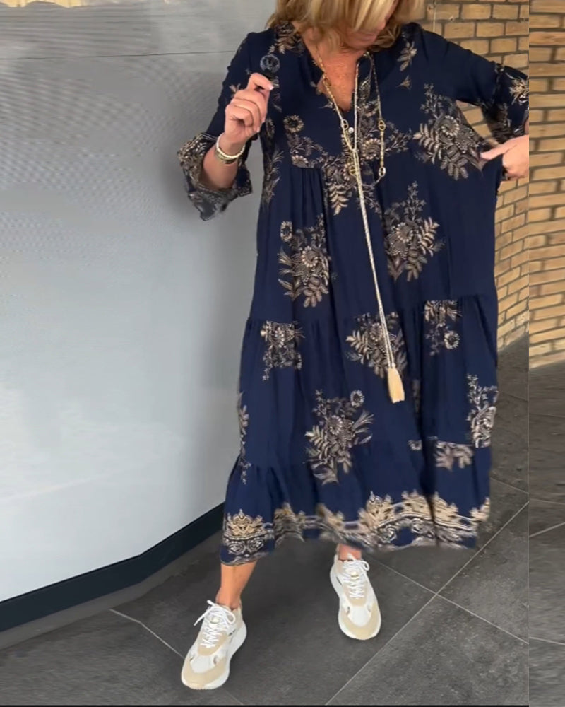 Floral Print V-Neck Collar Button Front Tiered Bell Sleeve Maxi Dress - View 4