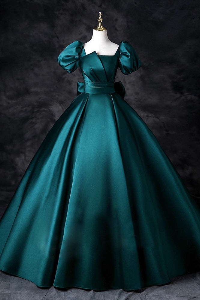 Square Neck Puff Sleeve Satin Bow Back A-Line Maxi Gown 2